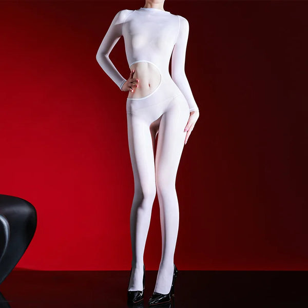 Woman posing in white sheer glossy bodystocking.