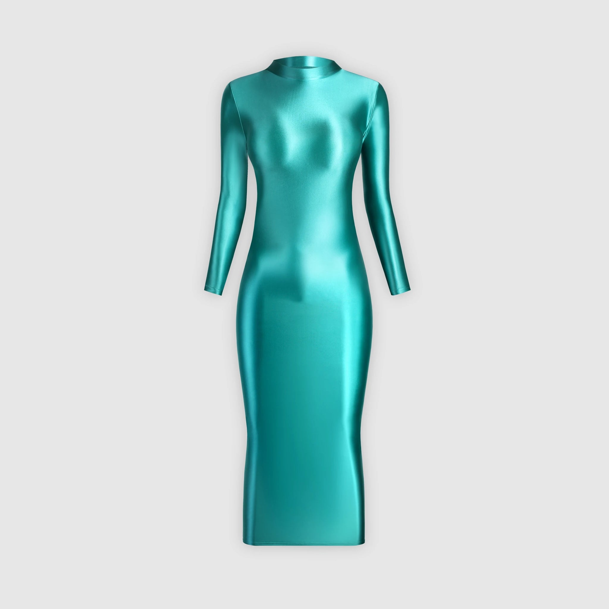 Elegant long-sleeve turquoise glossy dress, ideal for a special occasion.