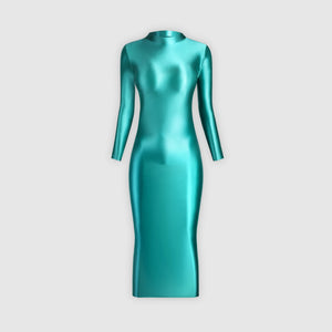 Elegant long-sleeve turquoise glossy dress, ideal for a special occasion.