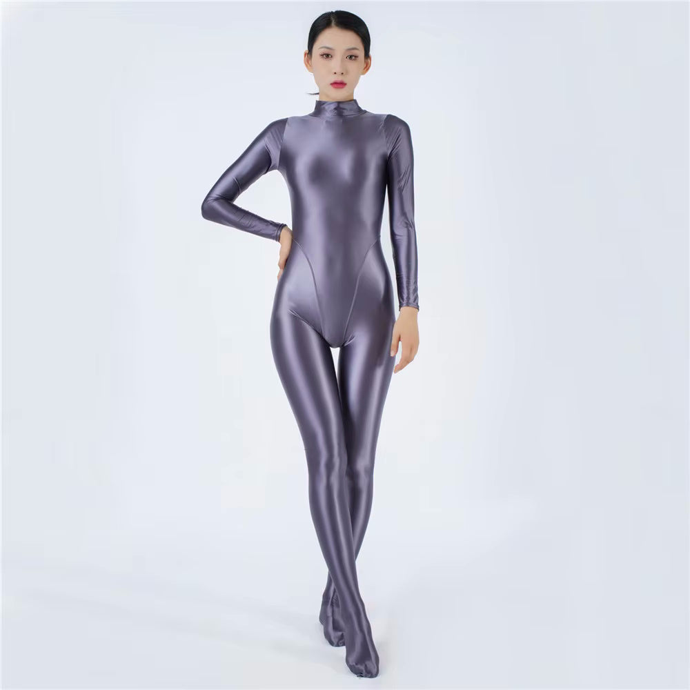 Devera Glossy Gray Catsuit-satinylust