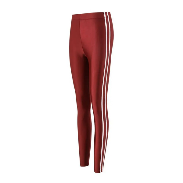 Red leggings with white stripes on a white background