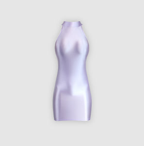 A lavender glossy sleeveless mini party dress with high neckline.