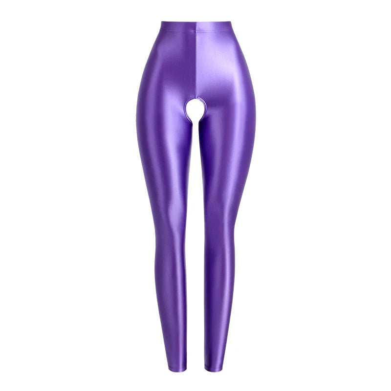 Milda Purple Glossy Crotchless Legging-satinylust