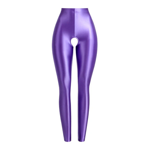 Milda Purple Glossy Crotchless Legging-satinylust