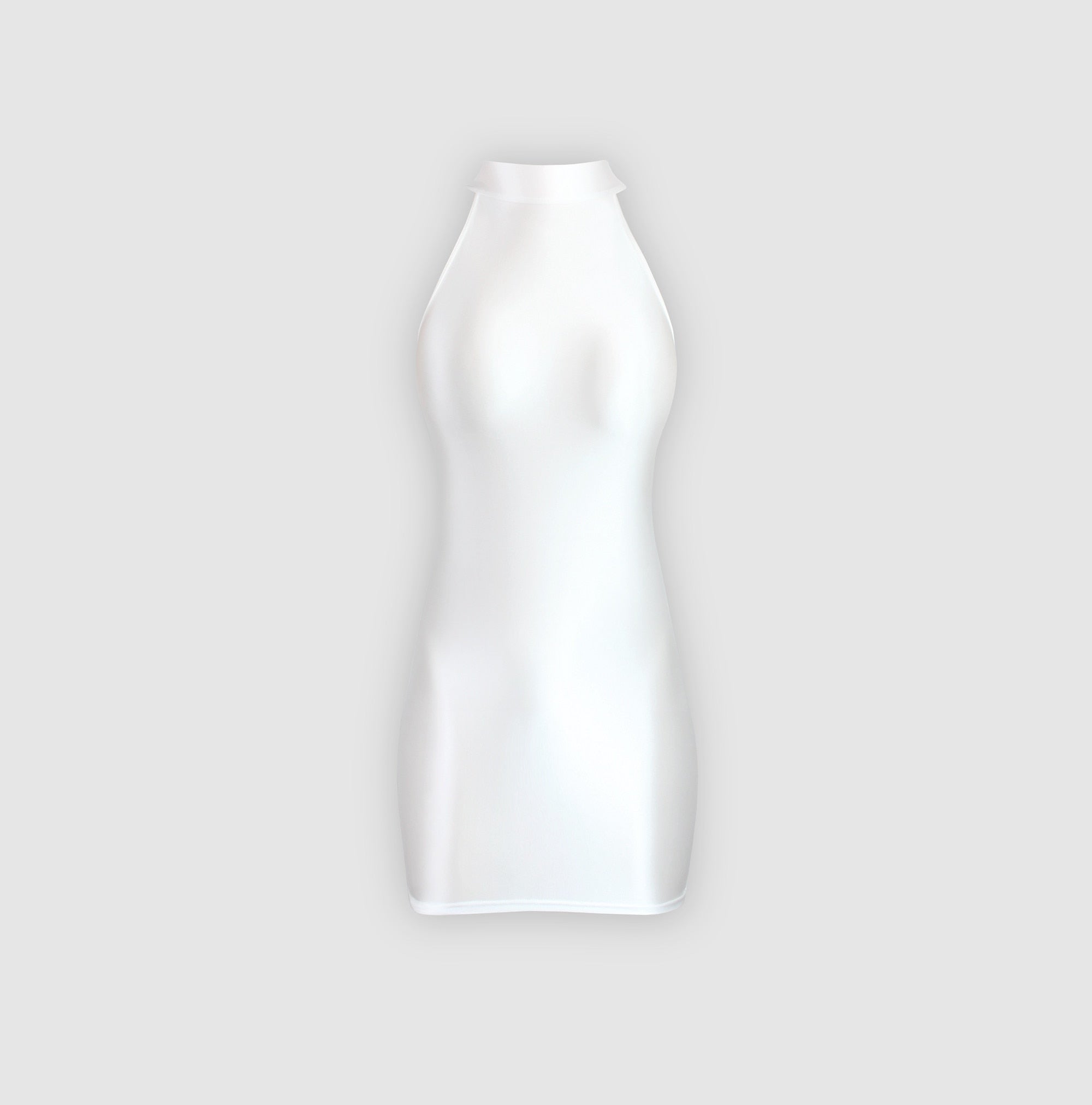 A white glossy sleeveless mini party dress with high neckline.