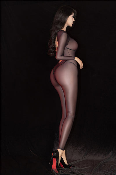 Woman wearing a sheer black bodystocking against a black background