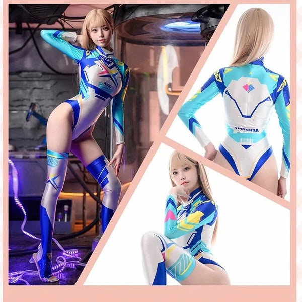A woman posing in a blue and white accents anime-inspired glossy bodysuit, with matching thigh high stockings.