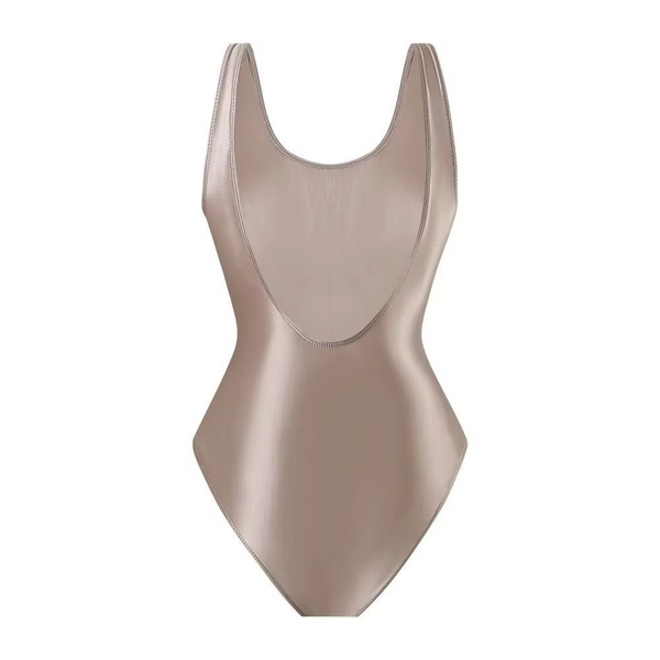 Beige glossy swimsuit on a white background