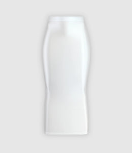 A white colored glossy maxi skirt featuring a elastic waistband.