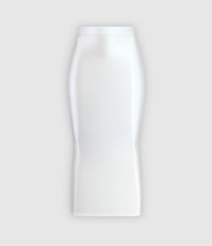 A white colored glossy maxi skirt featuring a elastic waistband.