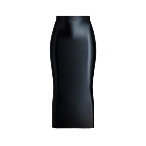 A black colored glossy maxi skirt featuring a elastic waistband.
