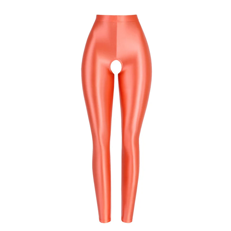 Milda Orange Glossy Crotchless Legging-satinylust