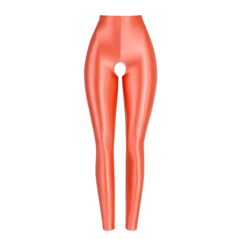 Milda Orange Glossy Crotchless Legging-satinylust