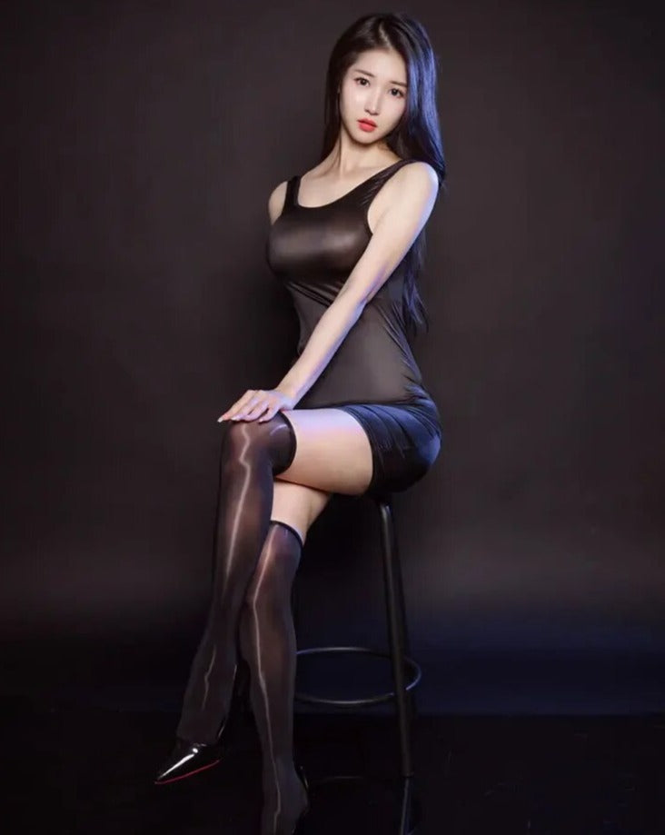glossy pantyhose mini dress Dione Midnight Glossy Mini Dress – Satinylust