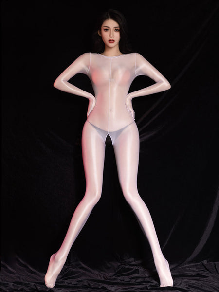 Woman posing in a sheer white glossy bodystocking