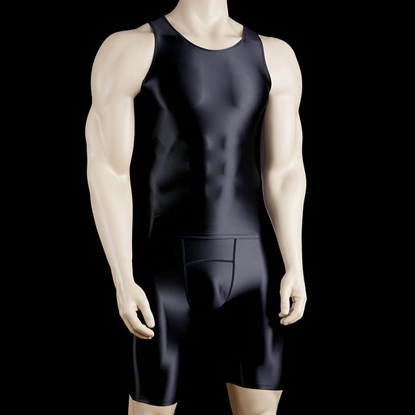 Satinylust-Aion Black Glossy Tank Top And Compression Shorts