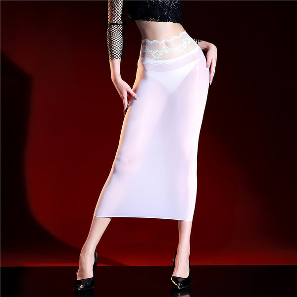 Woman wearing a white sheer lace midi skirt