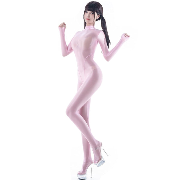 A woman posing in a pink glossy catsuit with high heels.