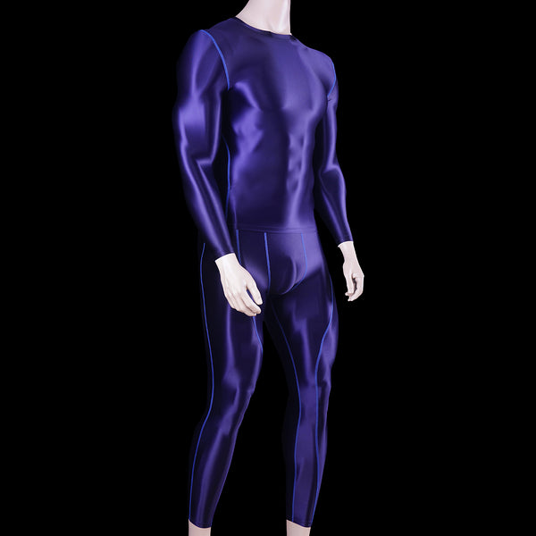 Satinylust-Aether Blue Glossy Long Sleeves Top And Tights Set