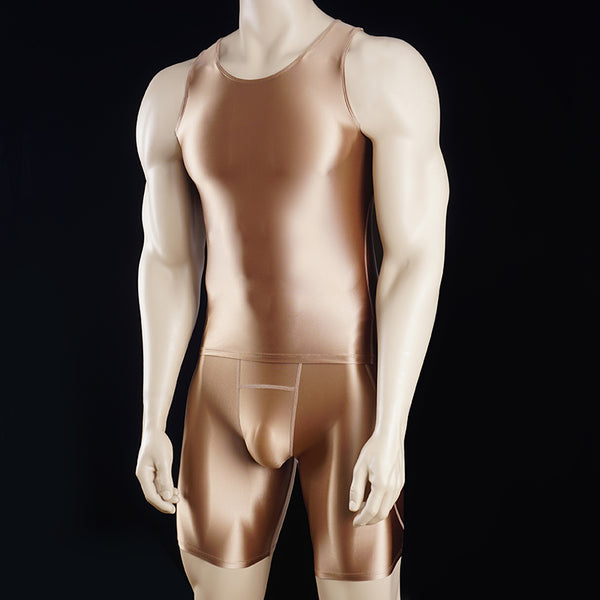 Satinylust-Aion Brown Glossy Tank Top And Compression Shorts