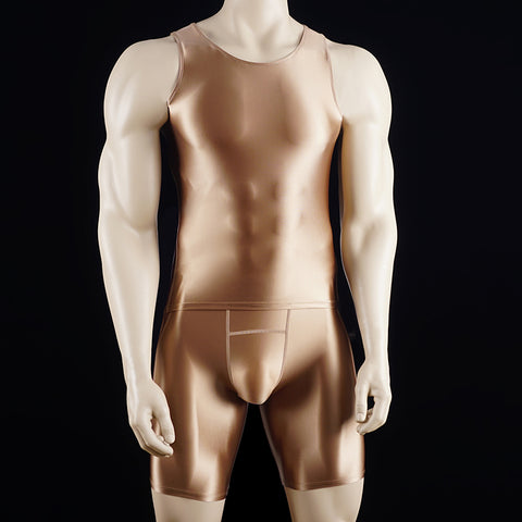 Satinylust-Aion Brown Glossy Tank Top And Compression Shorts