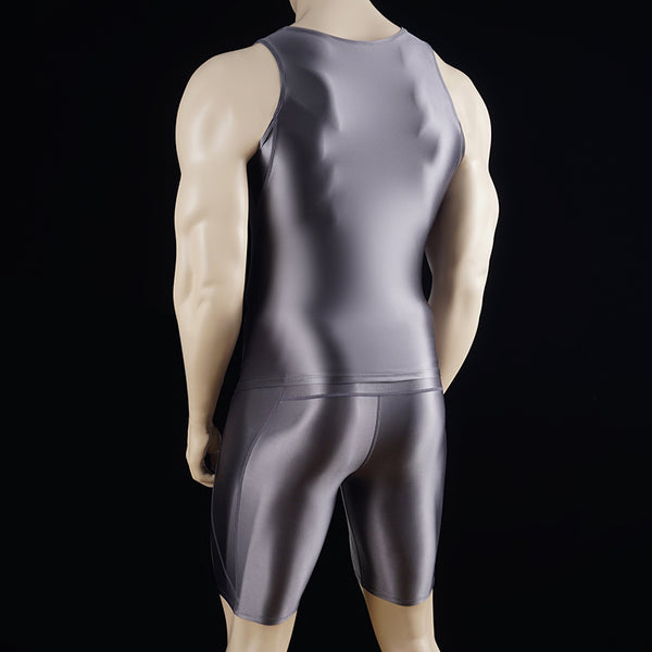 Satinylust-Aion Ash Glossy Tank Top And Compression Shorts