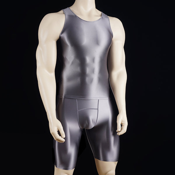 Satinylust-Aion Ash Glossy Tank Top And Compression Shorts