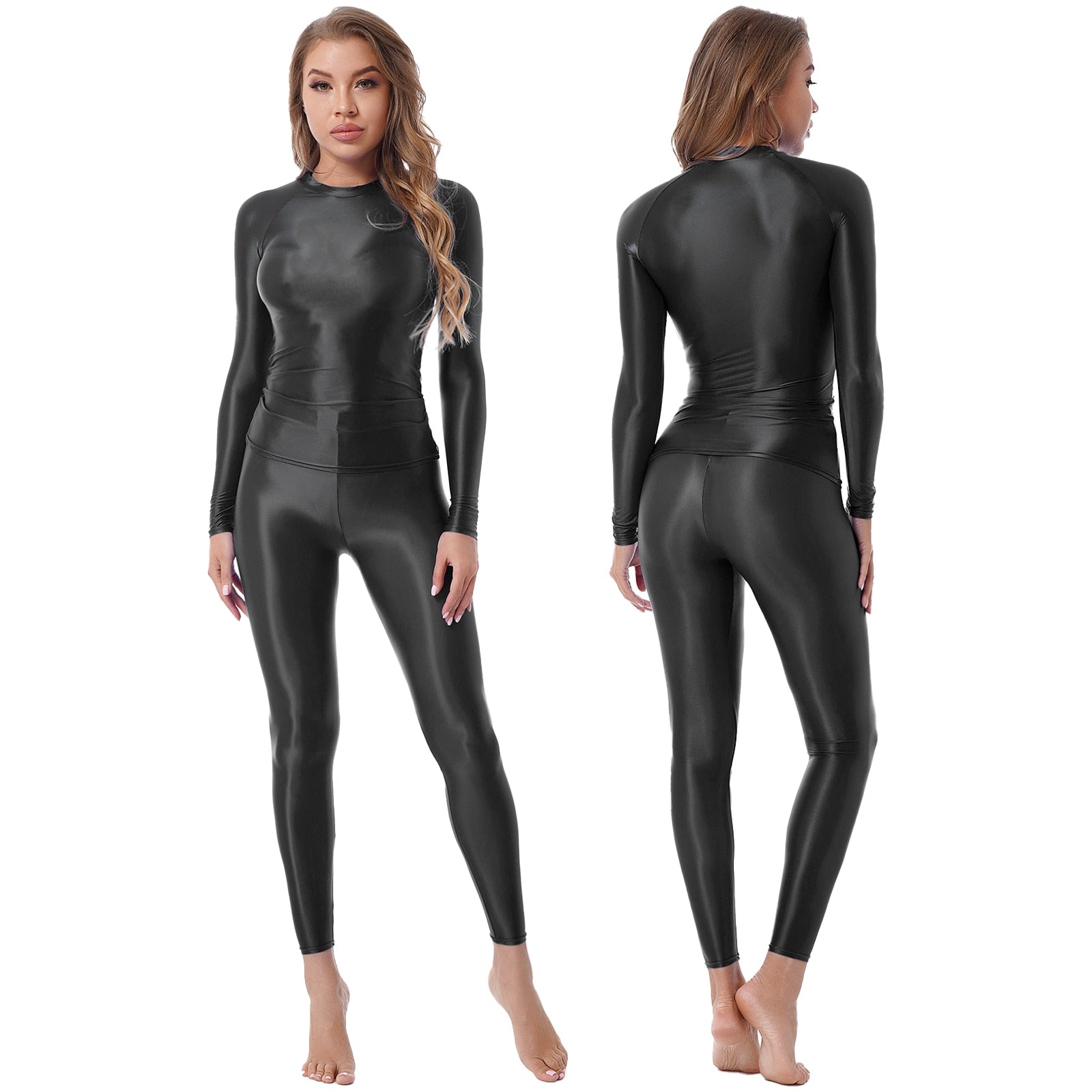 Anjea Midnight Glossy Top & Legging Set-satinylust