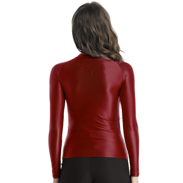 Back view of lady wearing shiny wine red spandex long sleeve shirt.
