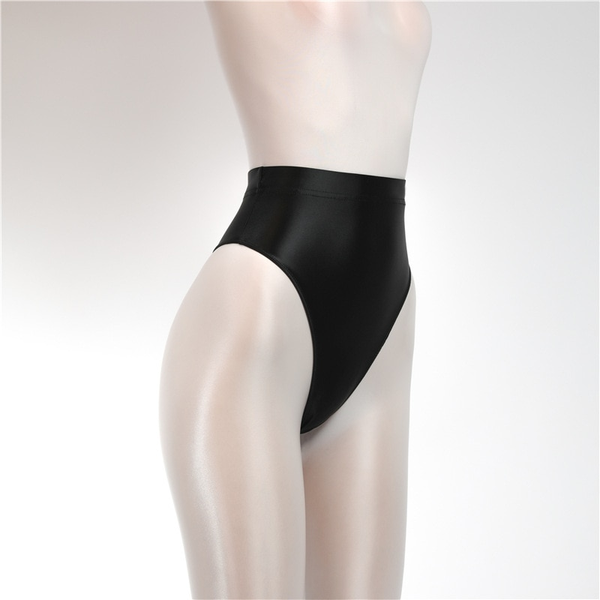 Front side view of black wet look thong with high cut sides.