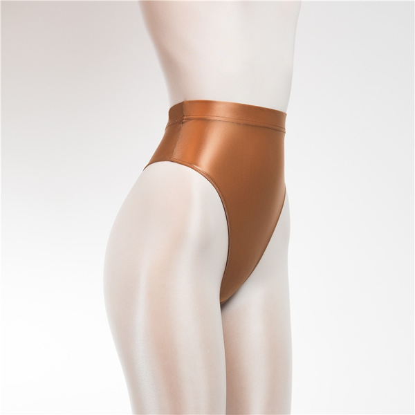 Front side view of brown wet look thong with high cut sides.