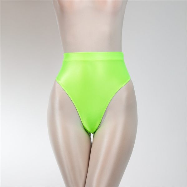 Front view of green wet look thong with high cut sides.