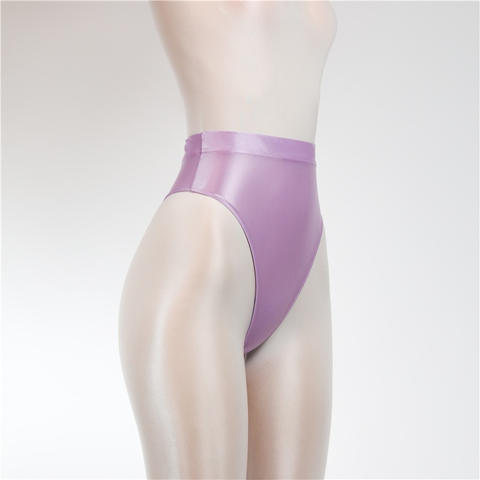 Front view of purple wet look thong with high cut sides.