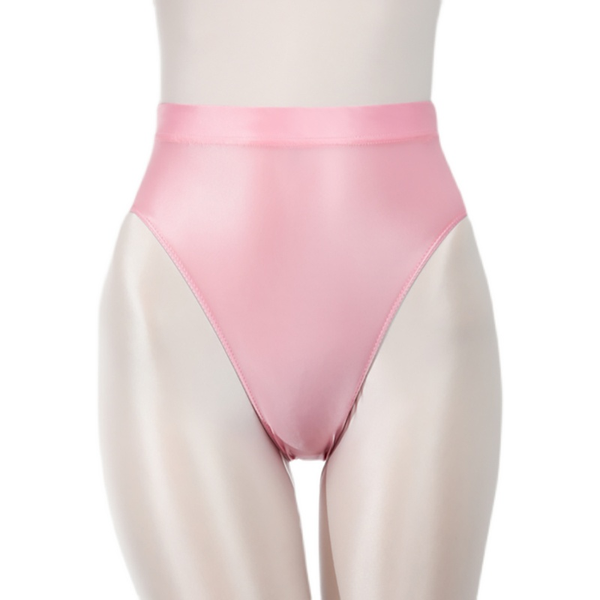Front view of wet look pink thong with high cut sides.