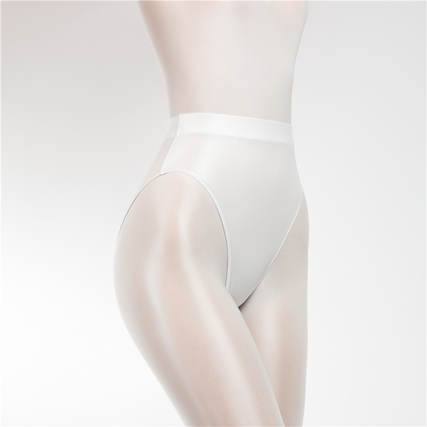 Front view of white wet look thong with high cut sides.