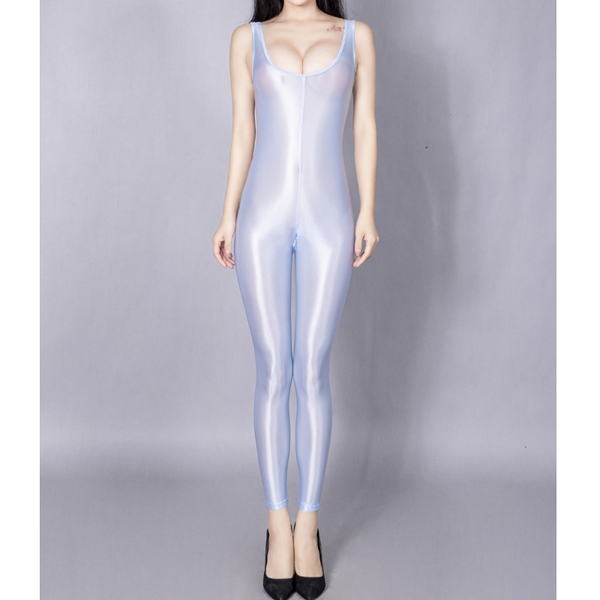 Front view of lady wearing sheer aqua shiny catsuit featuring a scoop neckline, thick shoulder straps for all-day comfort, and a zipper crotch with black high heels.