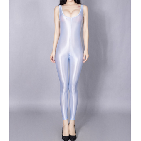 Front view of lady wearing sheer aqua shiny catsuit featuring a scoop neckline, thick shoulder straps for all-day comfort, and a zipper crotch with black high heels.