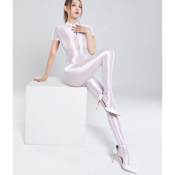 Chloe White Wet Look Catsuit-satinylust