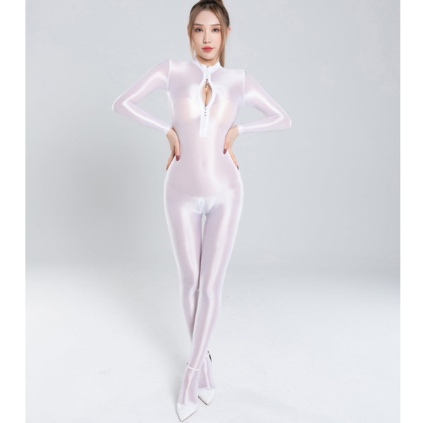 Front view of lady wearing white wet look catsuit features a high neckline, long fitted sleeves, 2-way bust zipper closure, and a crotch zipper with white high heels.