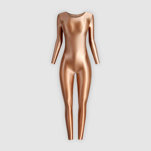 Front view of brown wet look catsuit featuring a scoop neckline, long sleeves, and ankle-length.