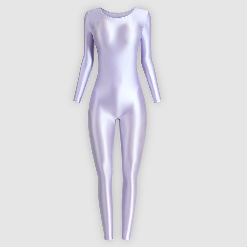 Front view of lavender wet look catsuit featuring a scoop neckline, long sleeves, and ankle-length.