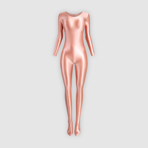 Front view of coral color wet look catsuit featuring a scoop neckline, long sleeves, and a stretchy glossy fabric that hugs your body like a second skin.