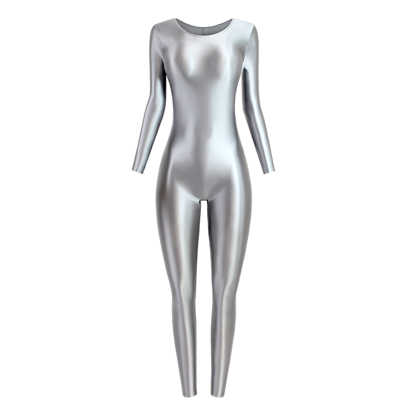 Front view of silverwet look catsuit featuring a scoop neckline, long sleeves, and ankle-length.