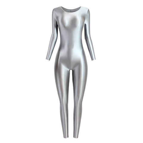 Front view of silverwet look catsuit featuring a scoop neckline, long sleeves, and ankle-length.