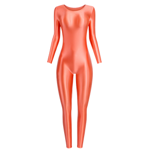 Front view of coral wet look catsuit featuring a scoop neckline, long sleeves, and ankle-length.