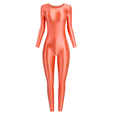 Front view of coral wet look catsuit featuring a scoop neckline, long sleeves, and ankle-length.