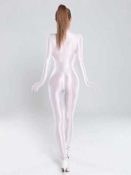 Back view of lady wearing white wet look catsuit featuring a high neckline, long fitted sleeves with closed hands, 2-way bust zipper closure, and a crotch zipper with white high heels.