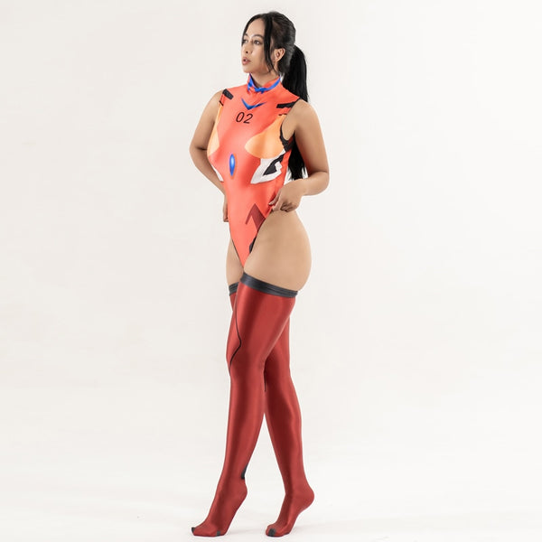 Front view of lady wearing orange bodysuit featuring a high neckline, high-cut sides, thong cut back, and red thigh high stockings.