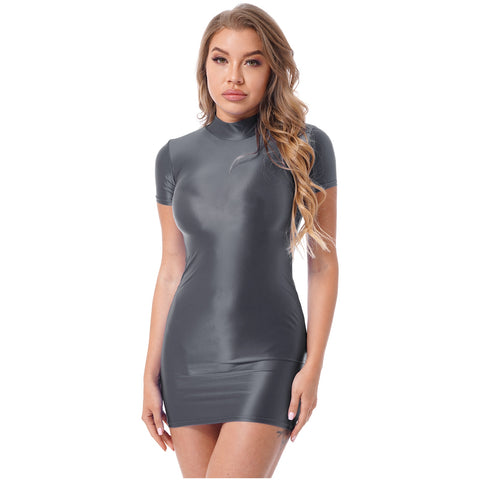 Hera Ash Wet Look Party Dress-satinylust