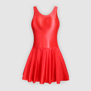 Front view of red leotard dress featuring a scoop neckline, a scoop back cut, thick shoulder straps, and an attached skirt.